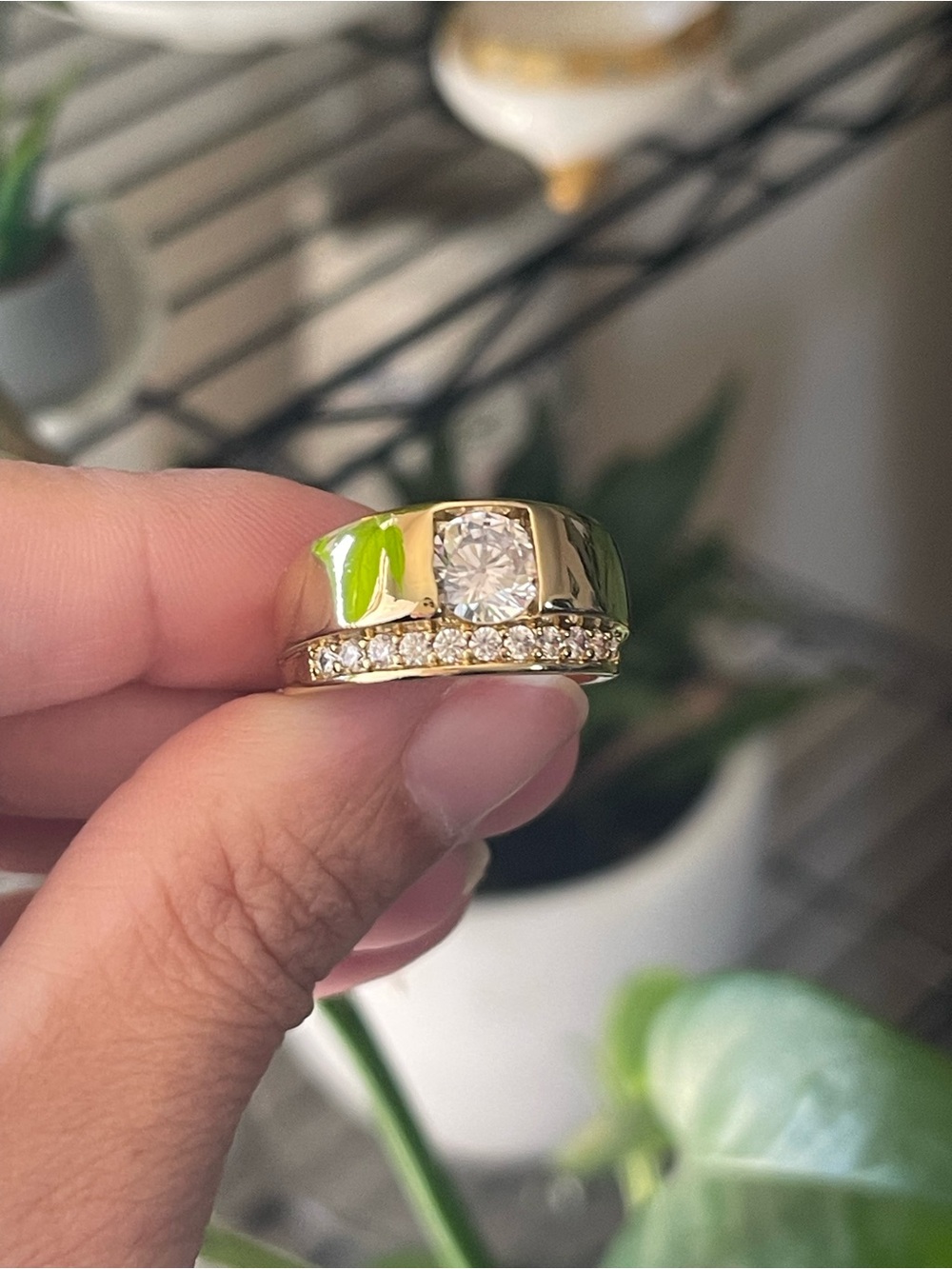 Gold Cubic Zirconia Dome Ring with Pavé Band